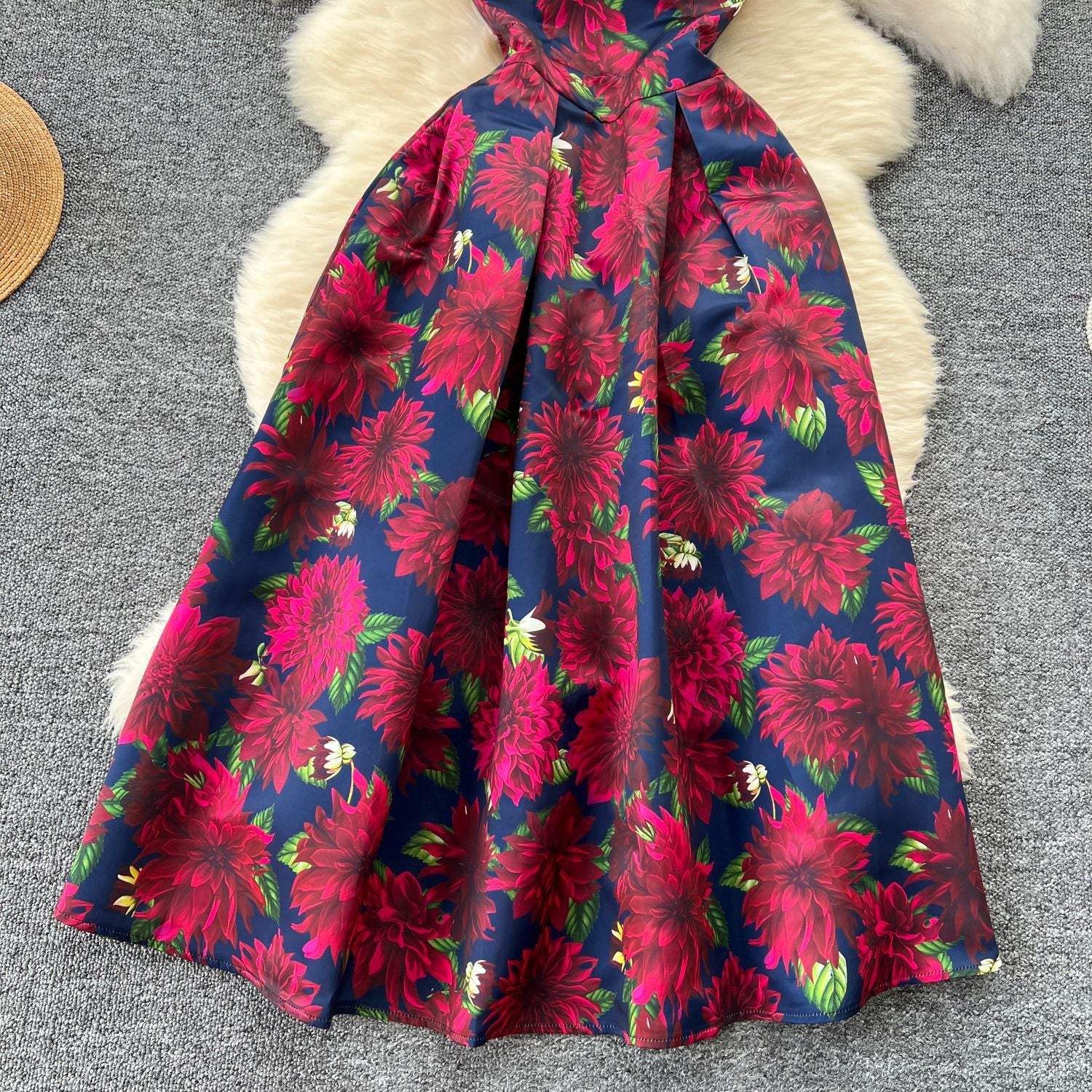 Fashion Printed Round Neck Slim Waist Pleated Flare Sleeveless Mini Dress 35