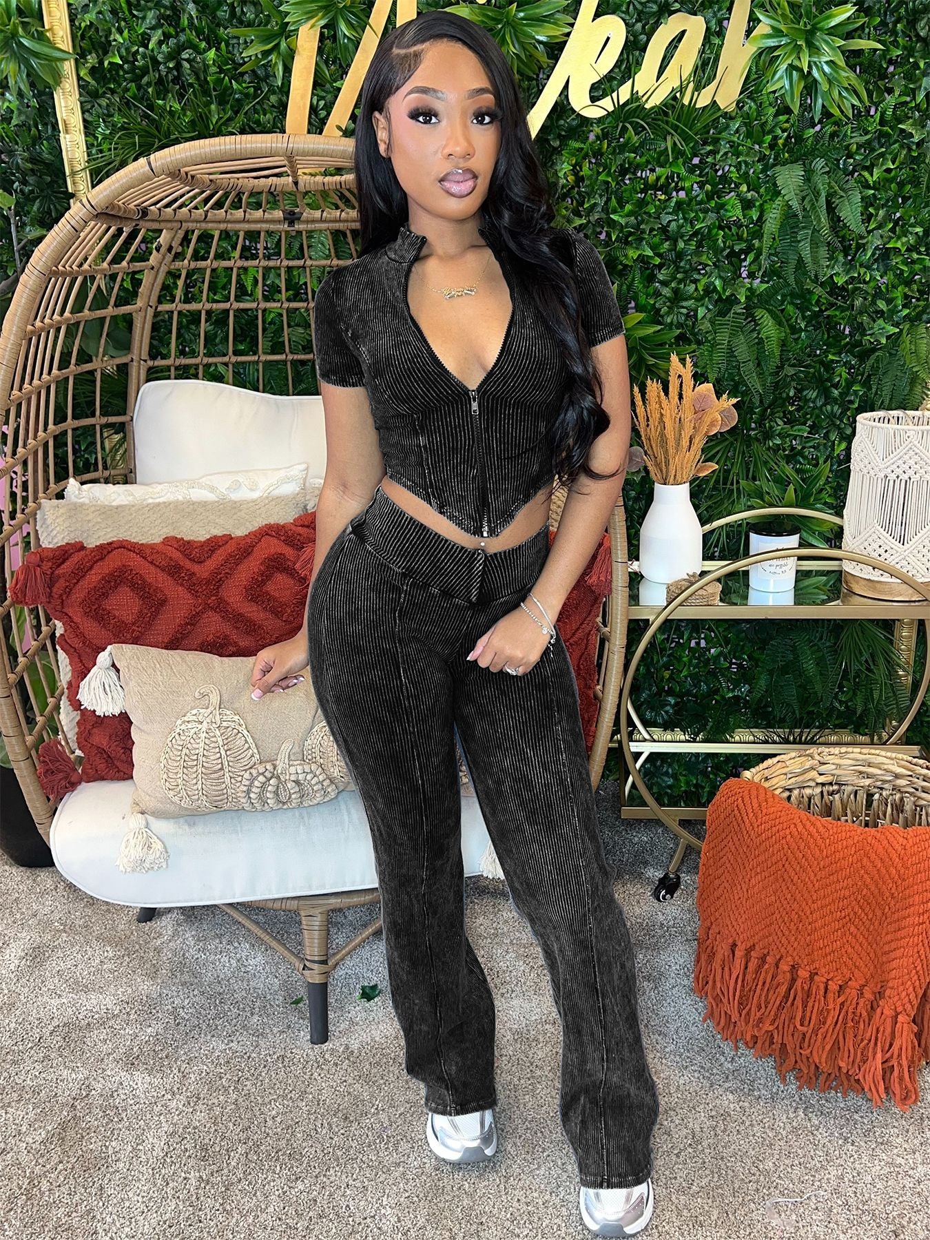 Women's Clothing Ribbed  V-Hem Short Sleeve Top Bell Bottom Pants Two Piece Set