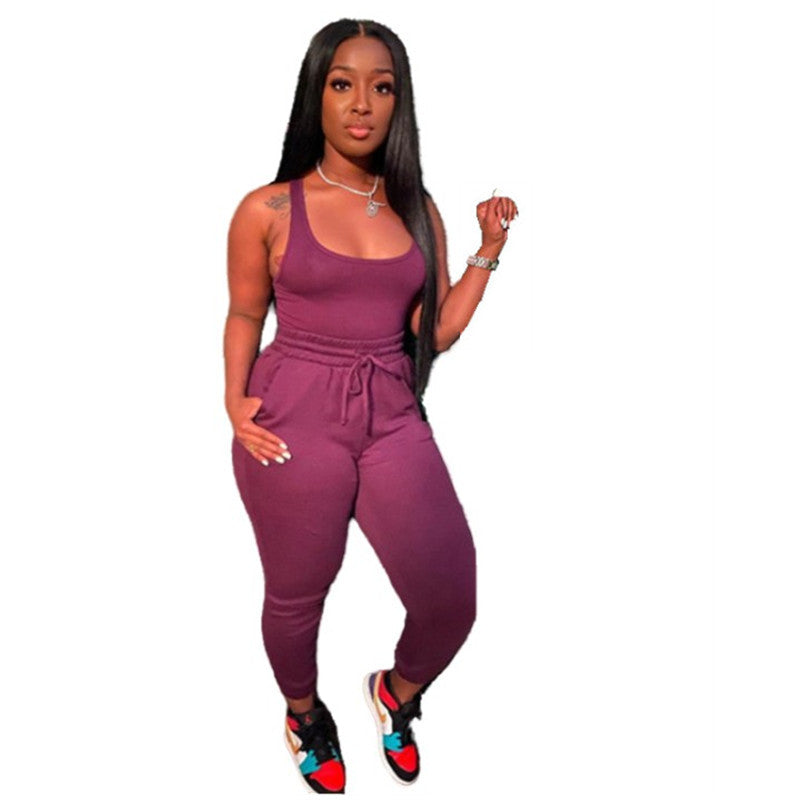 Women's Sexy Solid Vest Drawstring Trousers Two-Piece Set For Women 13