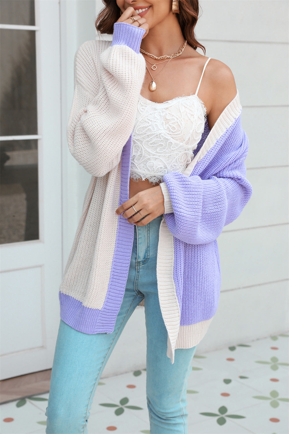 Plus Size Women Loose Patchwork Colorblock Knitting Cardigan Sweater 15