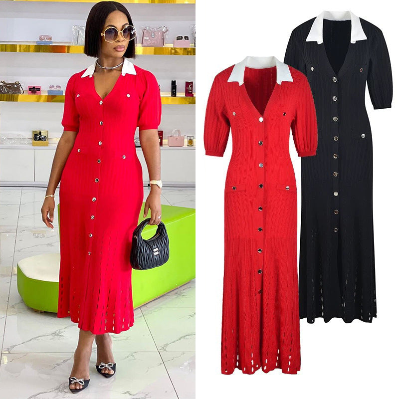 Women French Elegance Turndown Collar Contrast Hollow Short Sleeve Knitting Dress 5