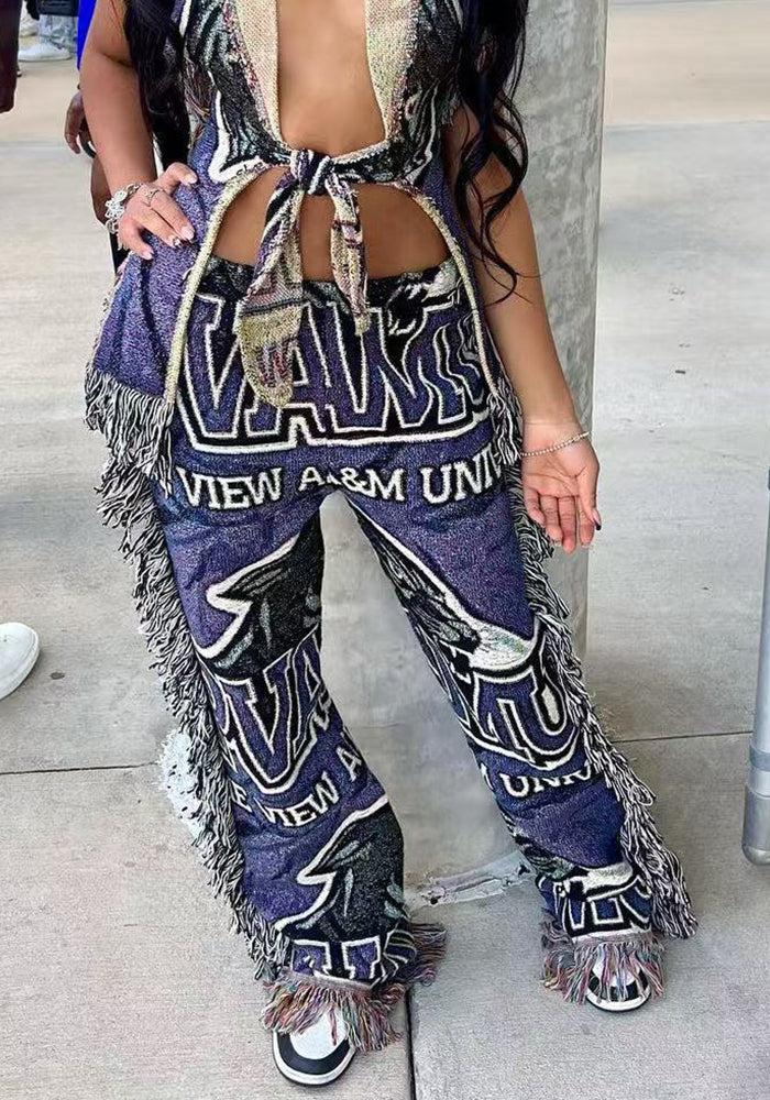 Women casual multi-color print tassel pants