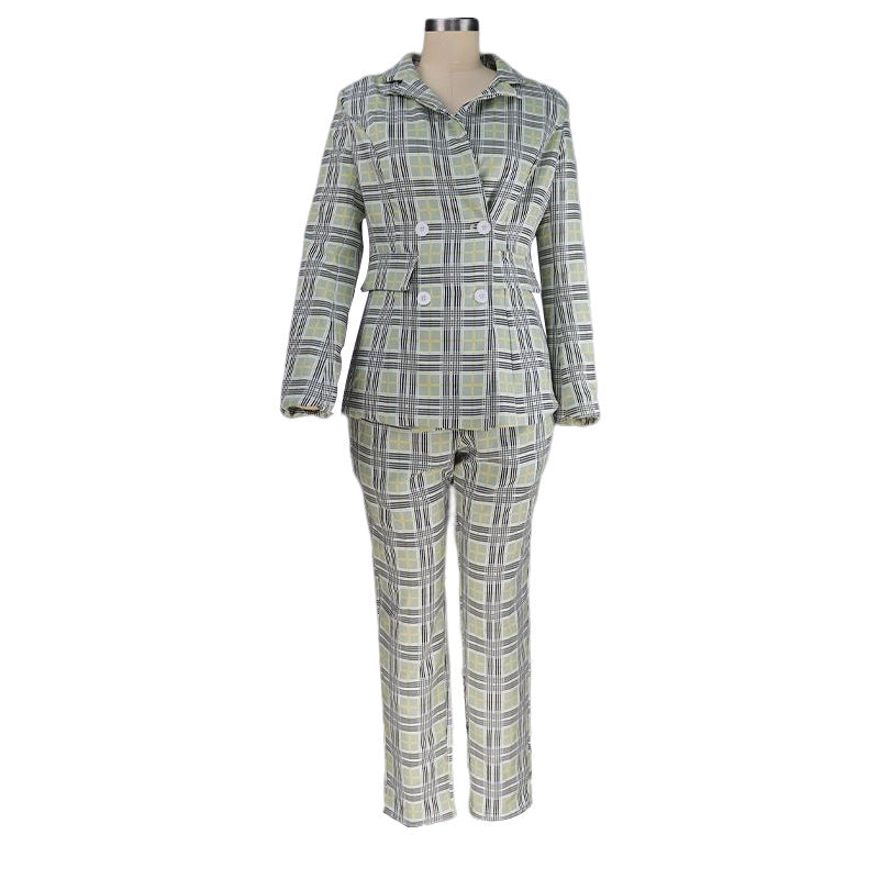 Women Spring Plaid Professional Blazer and Pant Two-Piece Set 6