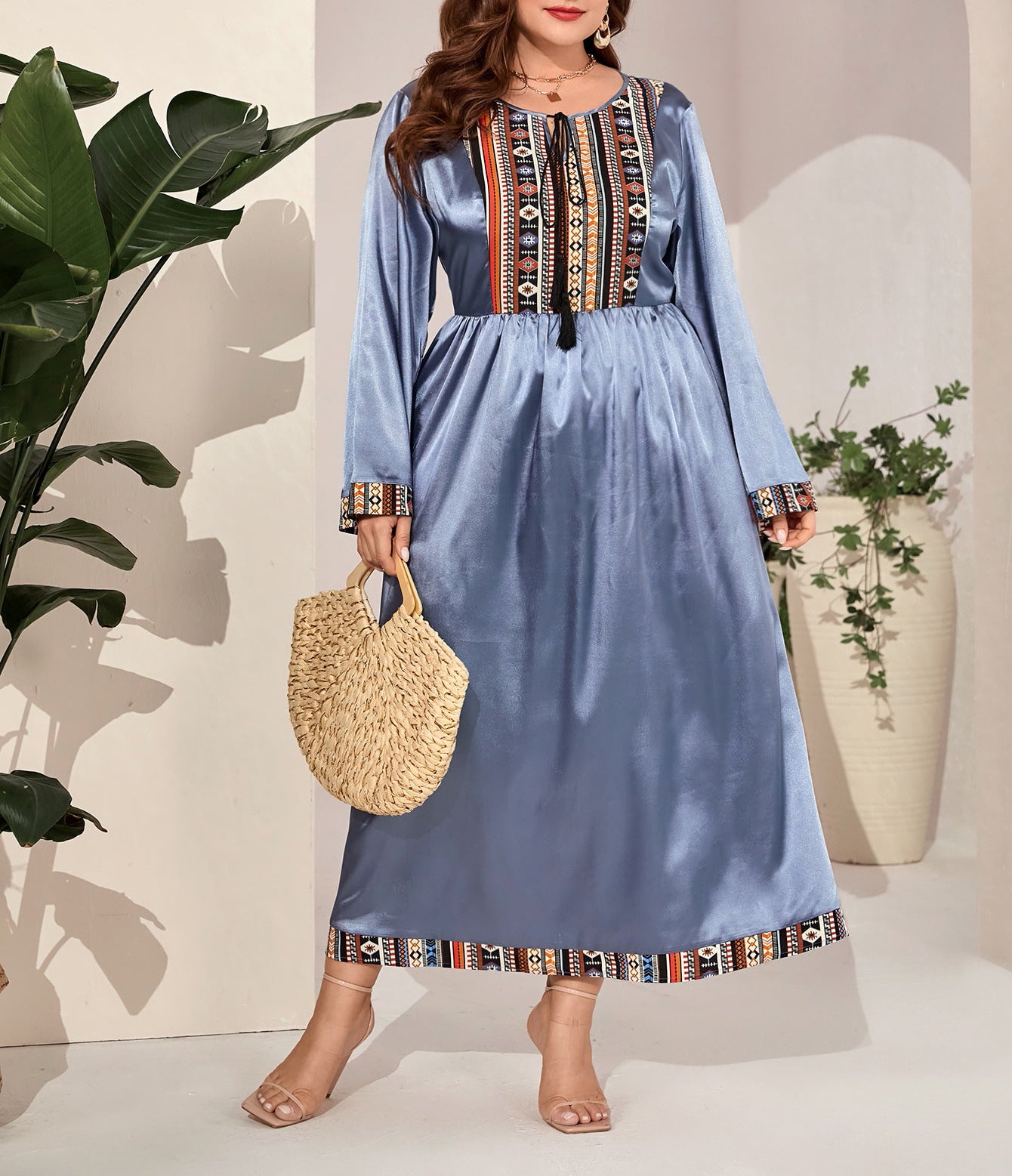 Plus Size Women's Chic Print Round Neck Long Sleeve Long Dress 3