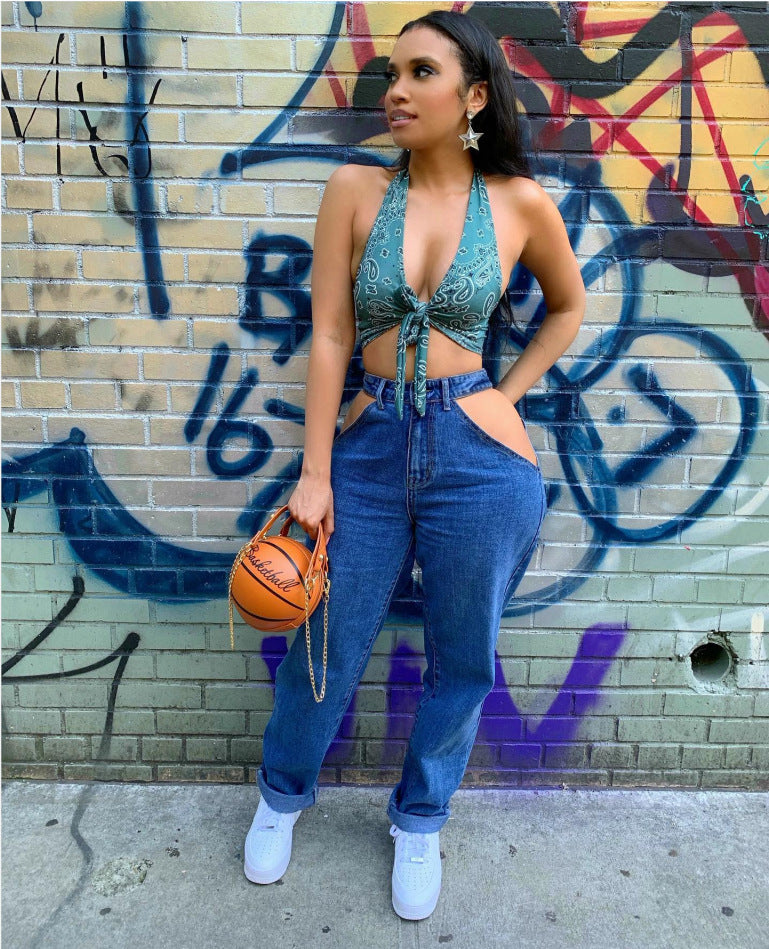 Women's Spring And Autumn High Waist Elastic Casual Ripped Straight Denim Pants