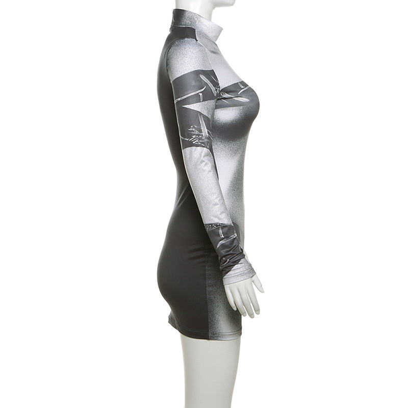 Spring Summer Women's Print High Neck Bodycon Dress 6