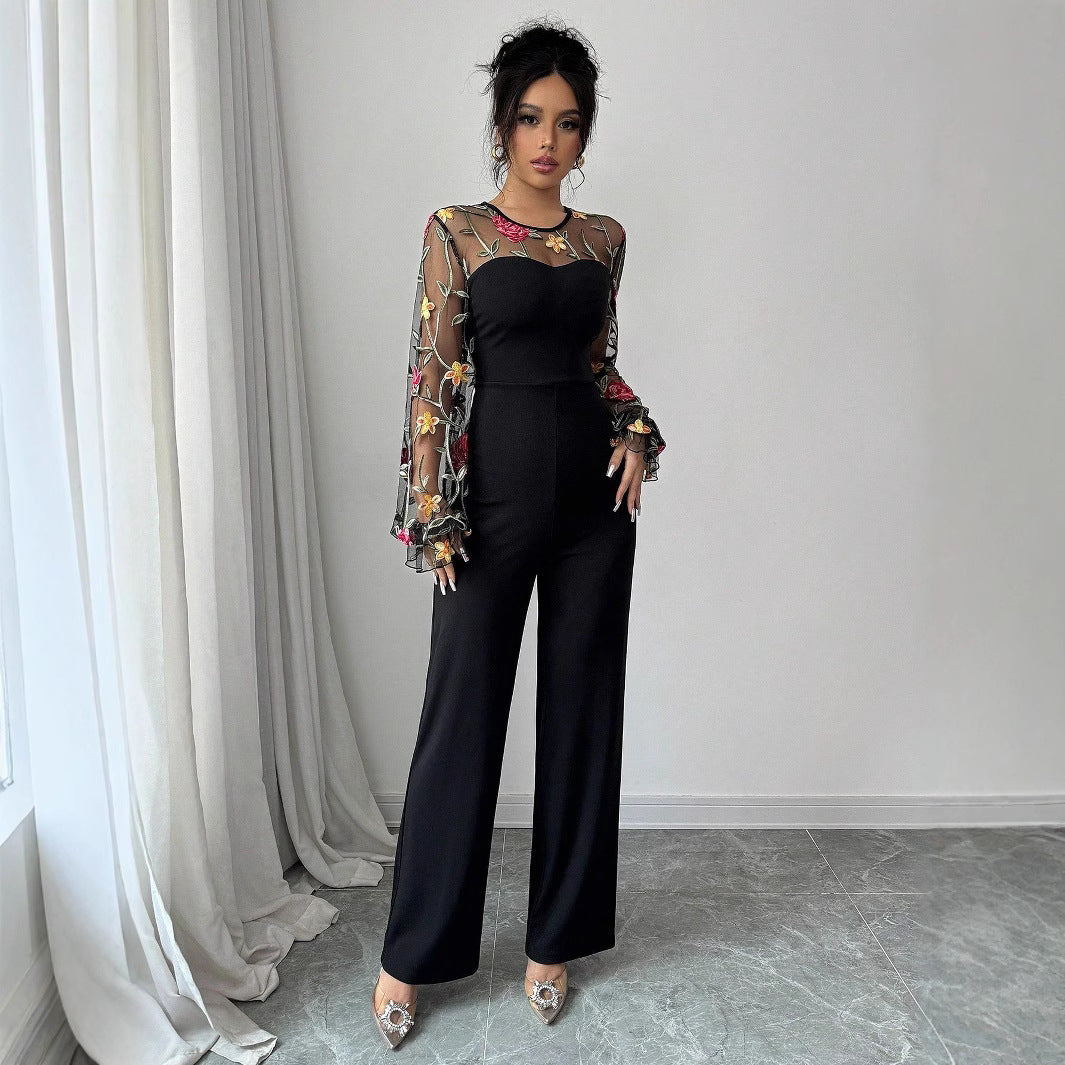 Women's Long Sleeve Embroidered Mesh Patchwork Slim Waist Jumpsuit 4