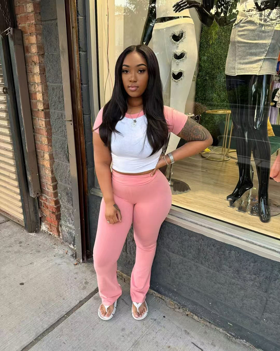 Women Summer Contrast Color Short-Sleeved T-Shirt and Pants Casual Two-Piece Set 3