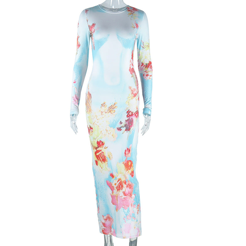 Women Printed Round Neck Long Sleeve Bodycon Maxi Dress 14