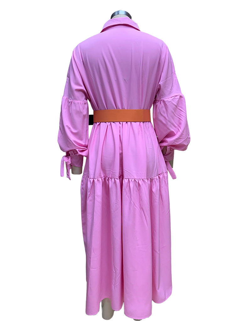 Spring Women's Fashion Chic Turndown Collar Long Sleeve Casual Midi Dress 13