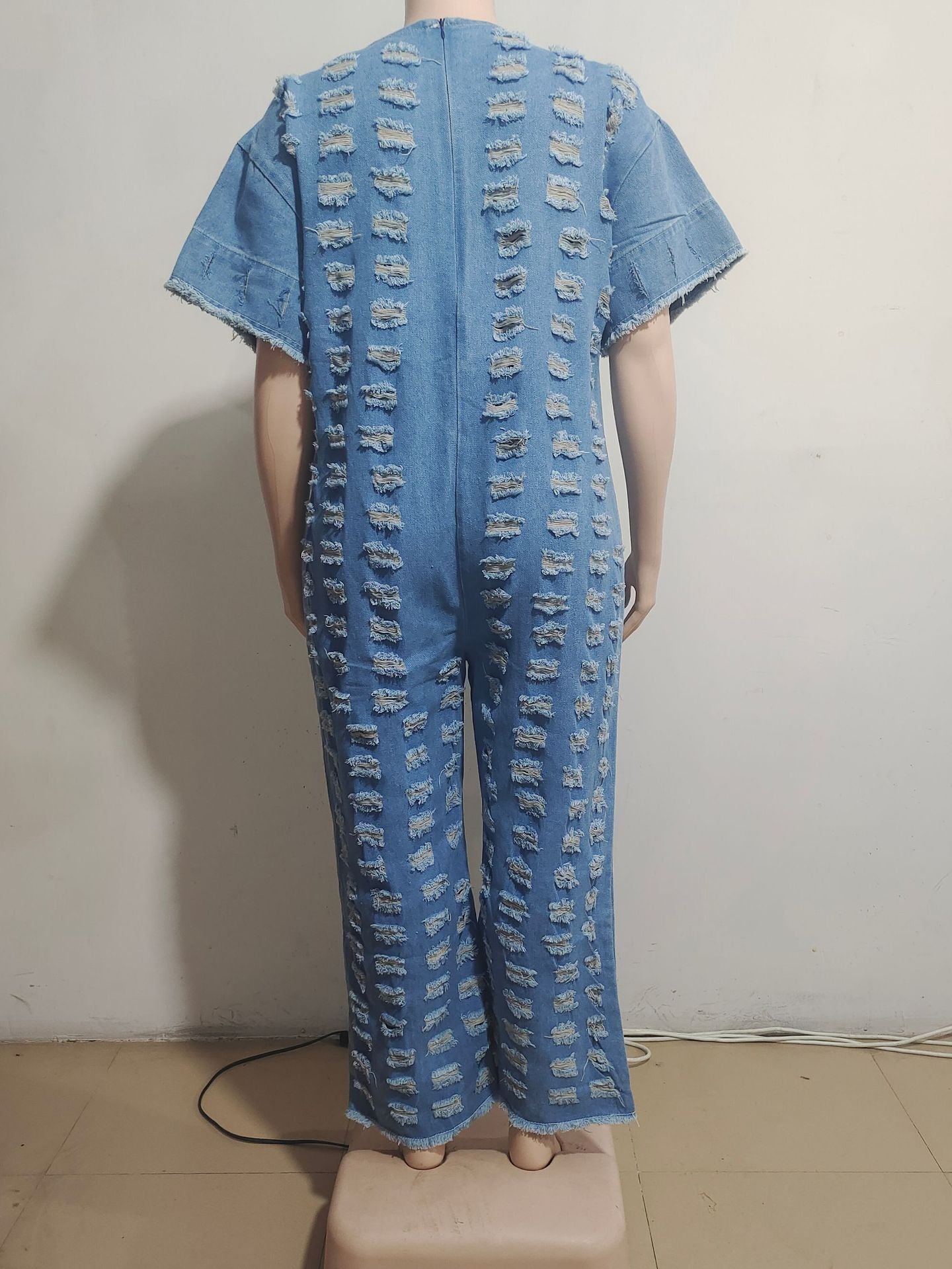 Women V Neck Ripped Loose Denim Jumpsuit Women Wide Leg 6