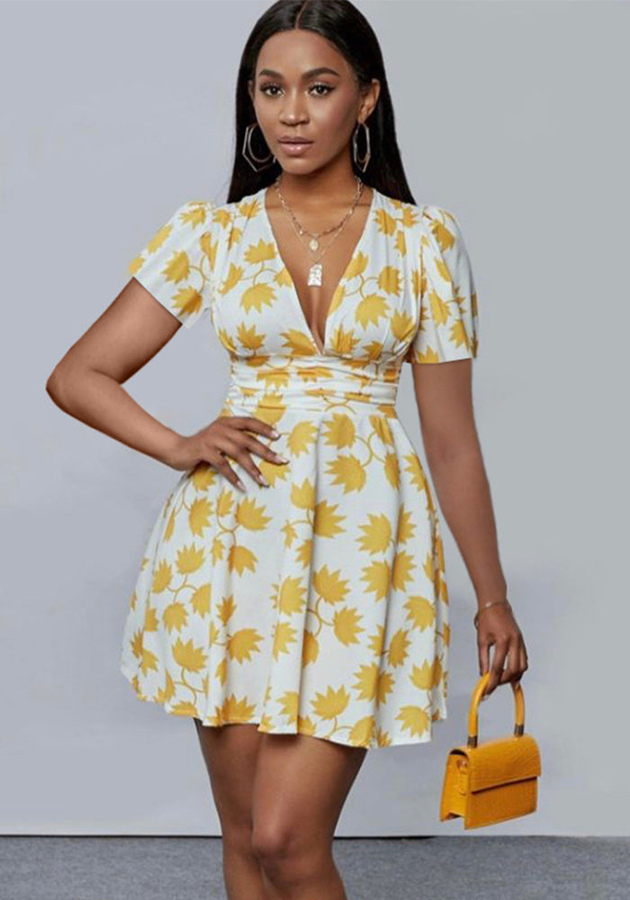 Deep V Neck Slim Waist Pleated Dress