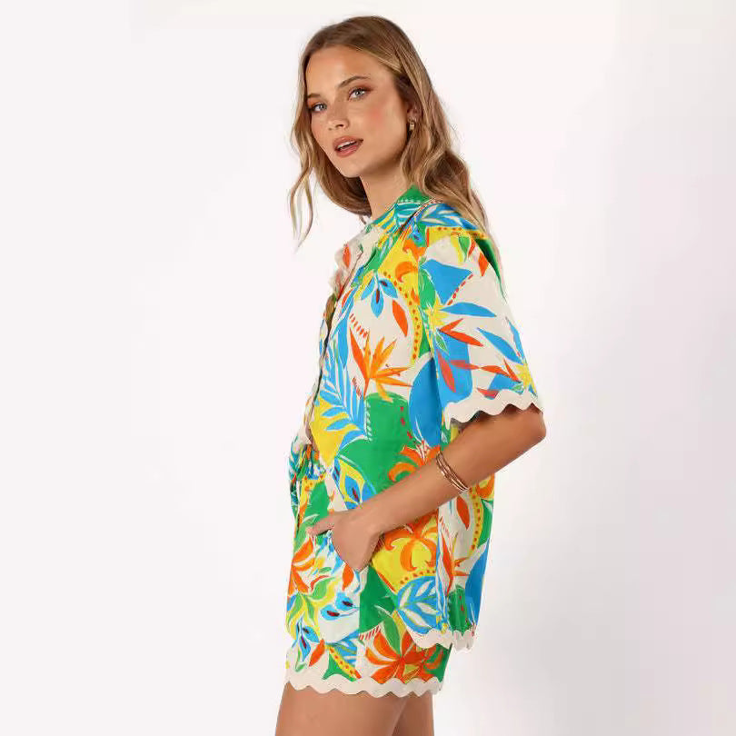Women's Print Lace Patchwork Short Sleeve Shirt Shorts Two-Piece Set 5