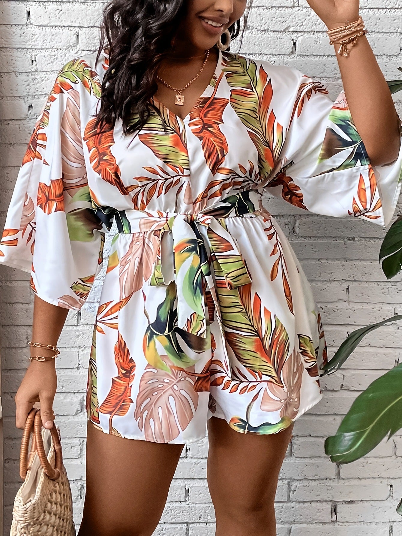 Autumn Sexy V-Neck Bat Sleeves Belt Printed Loose Plus Size Jumpsuit 3