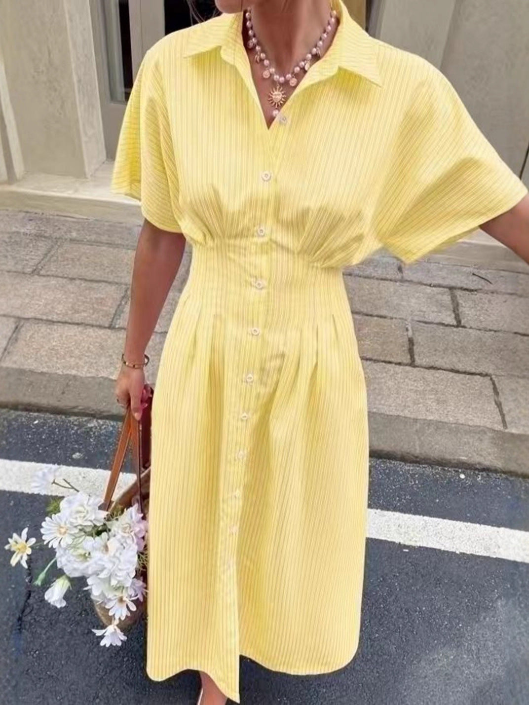 Women Striped Blue Short-Sleeved Shirt Dress 7