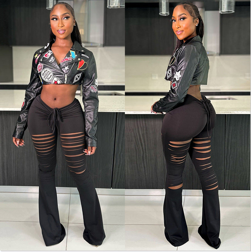 Women street fashion embroidered Pu-Leather Crop jacket