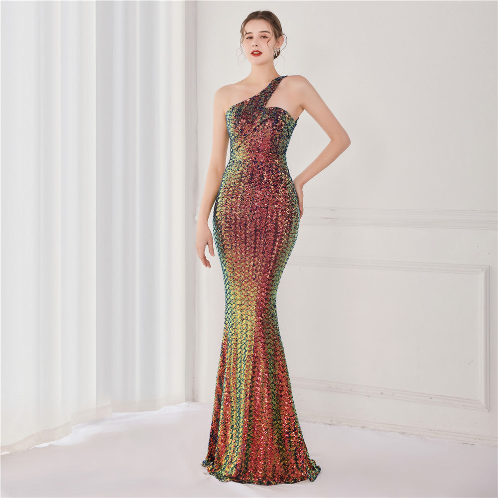 Luxury Sequin Slash shoulder Sleeveless Mermaid Plus Size Formal Party Evening Dress 6