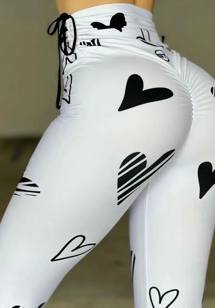 Women's Drawstring Heart Printed Yoga Exercise Butt Lift Fitness Basic Pants
