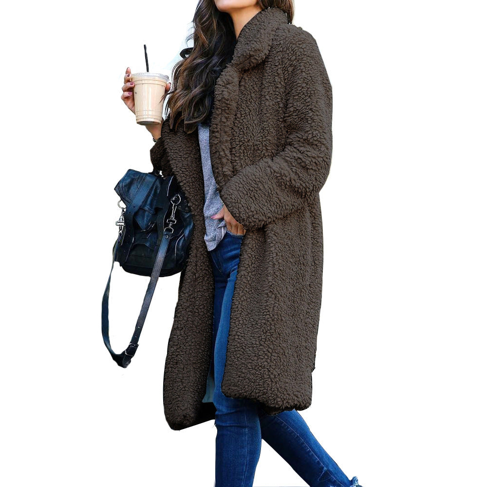 Autumn And Winter Long-Sleeved Turndown Collar Women's Plush Long Coat 4