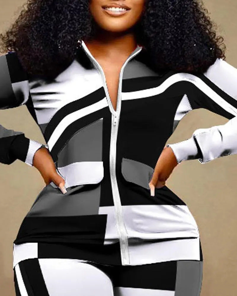 Women long-sleeved color-blocked zipper top and trousers two-piece set 10