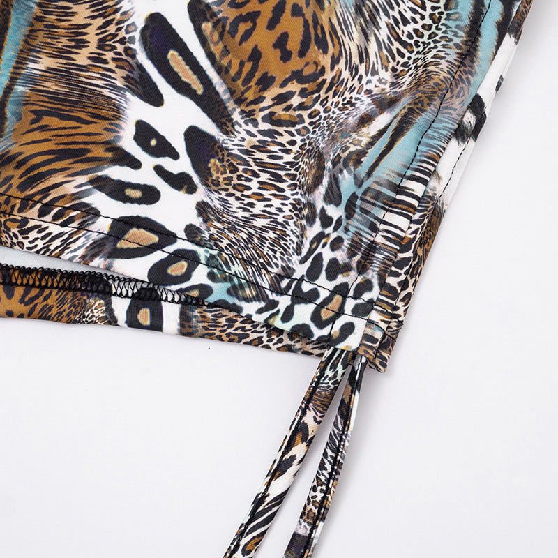 Women Fall Gradient Leopard Print Long-Sleeved Backless Top and Shorts Two-Piece Set 24