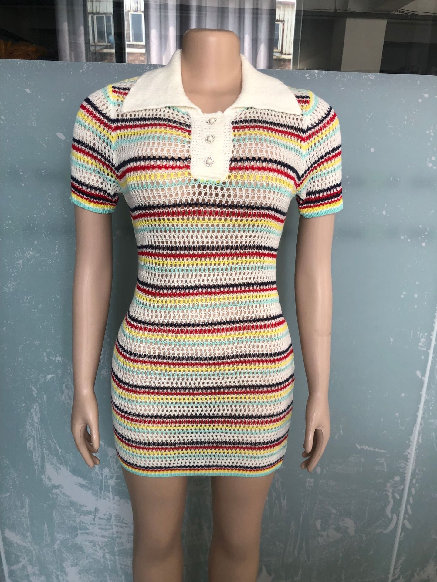 Women Round Neck Knitting Short Sleeve Dress 5