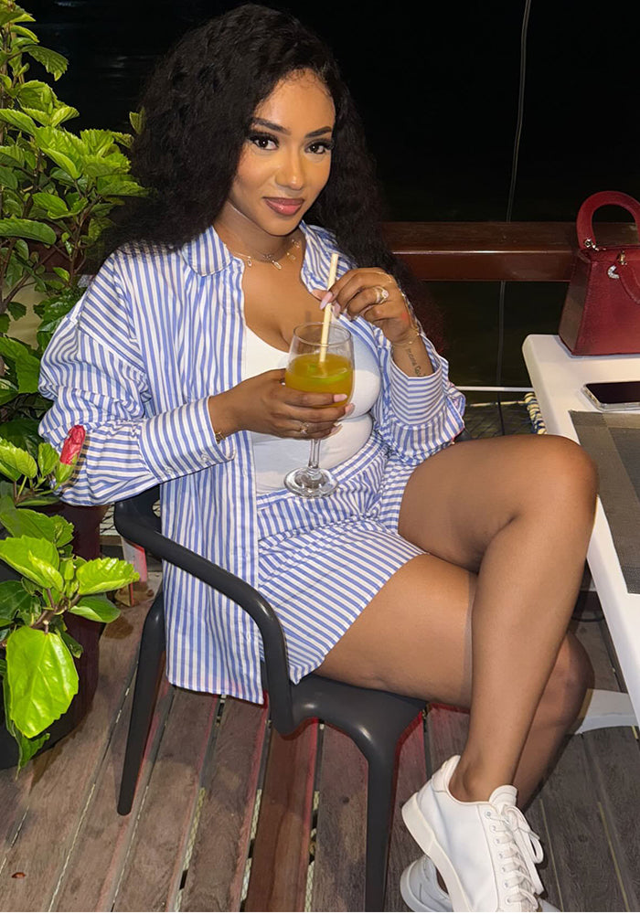 Women African Long-Sleeved Casual Striped Cardigan Shirt and Shorts Two-Piece Set