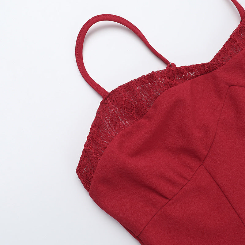 Women Suspender Lace Patchwork V Neck Dress 11