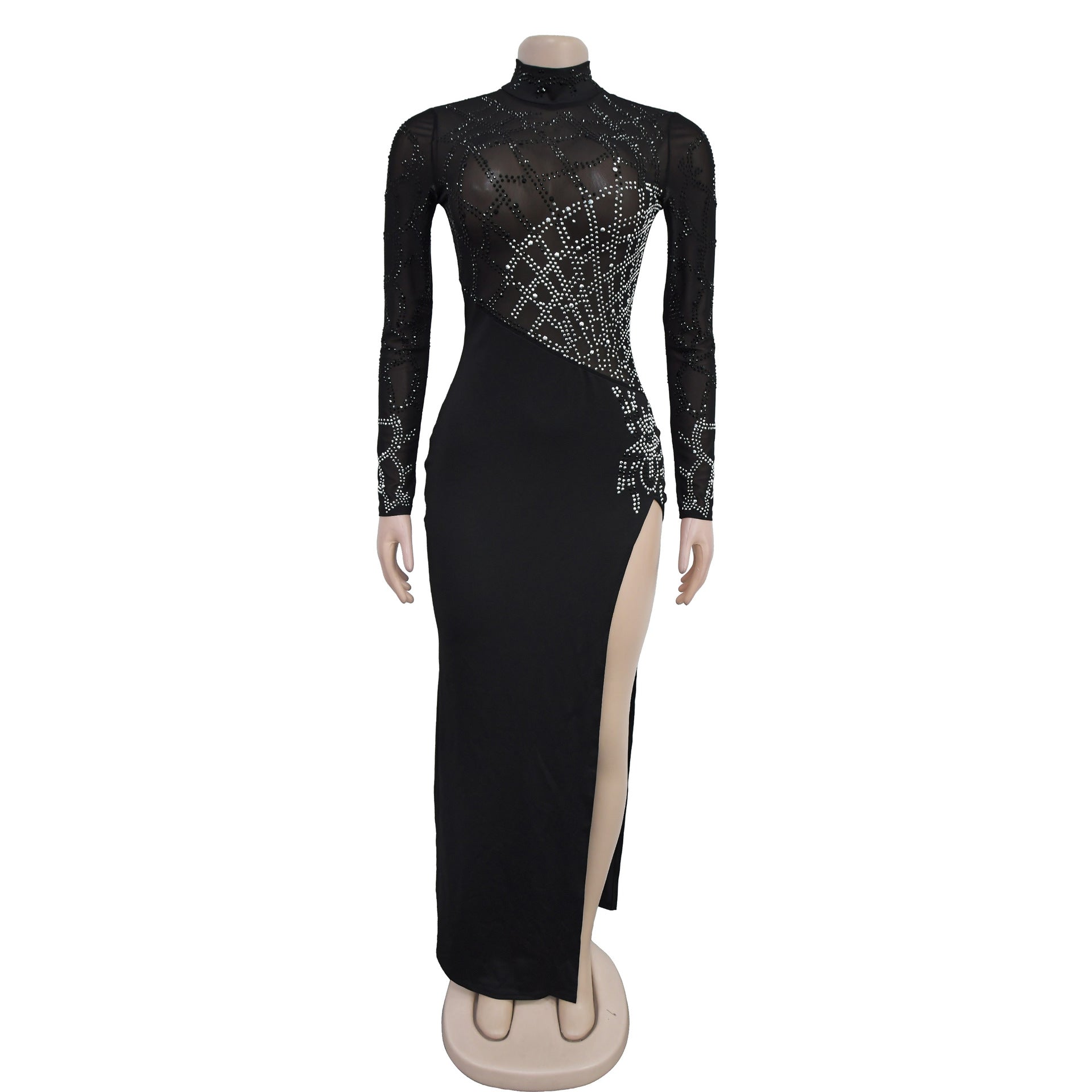 Fashionable Women's Beaded Sexy Hollow Long-Sleeved Slit Dress 13