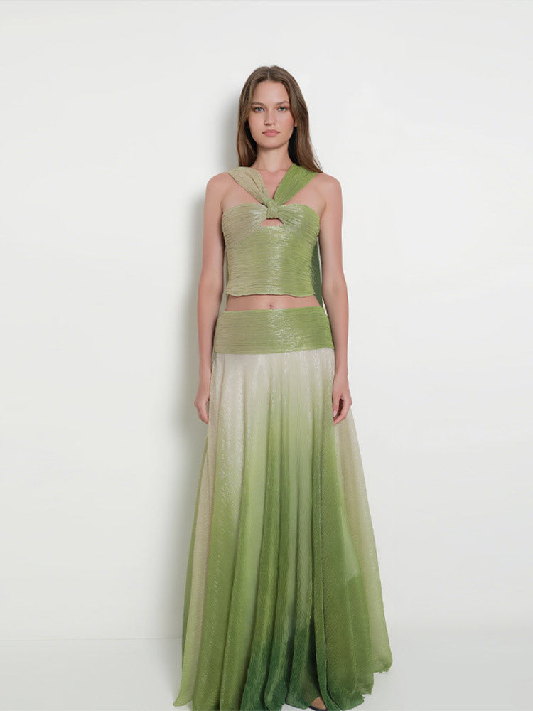 Women Summer Gradient Halter Neck Suspender Top and Skirt Two-Piece Set 11