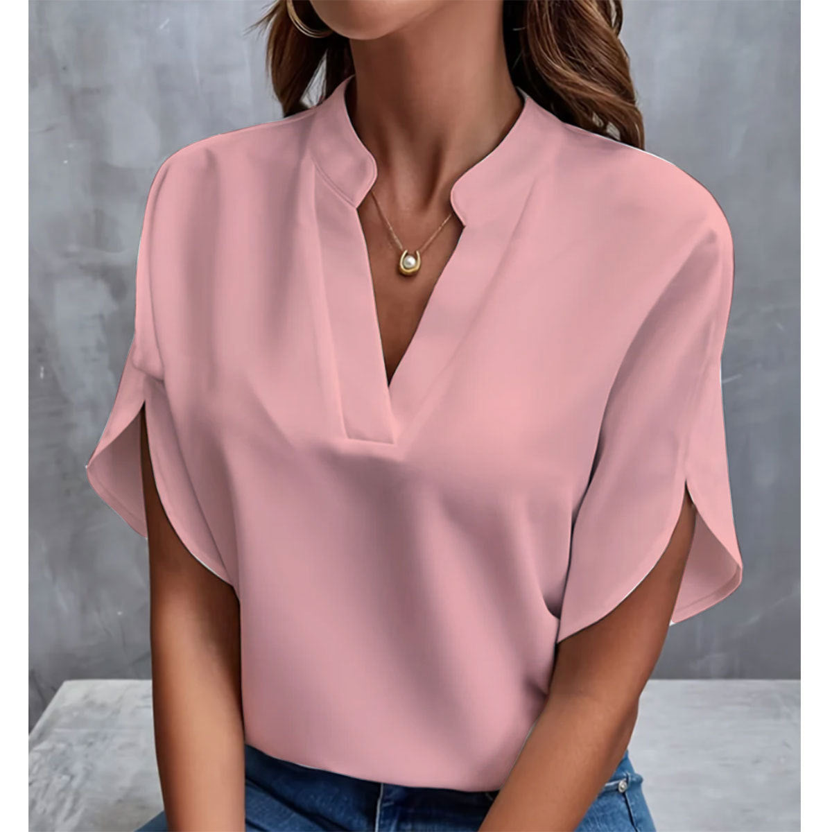 Summer V-Neck Shirt Women Solid Color Casual Short-Sleeved Pullover Blouse 4