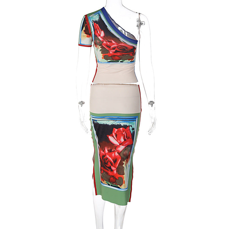 Women's Spring Slash Shoulder One Sleeve Vintage Print T-Shirt Short Skirt Two-Piece Set 6