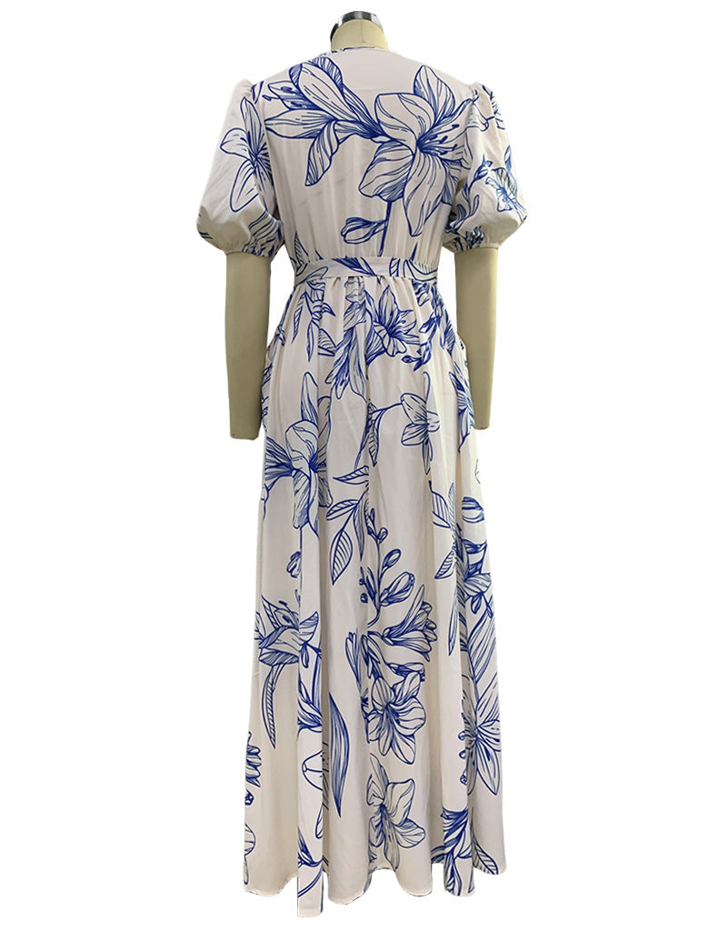 Summer Ladies Fashion V Neck Loose Maxi Print Dress 14