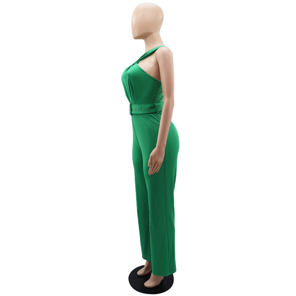 Summer Sleeveless Low Back Solid Color High Waist Strap Straight Jumpsuit 13