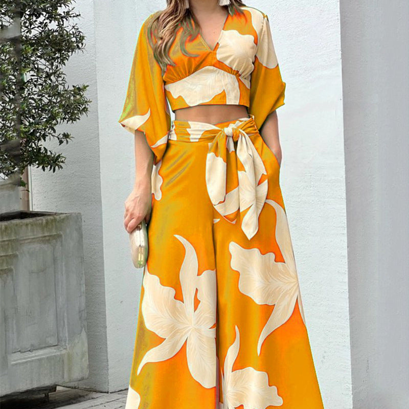 Women v-neck lantern sleeve short top and wide-leg pants two-piece set 14