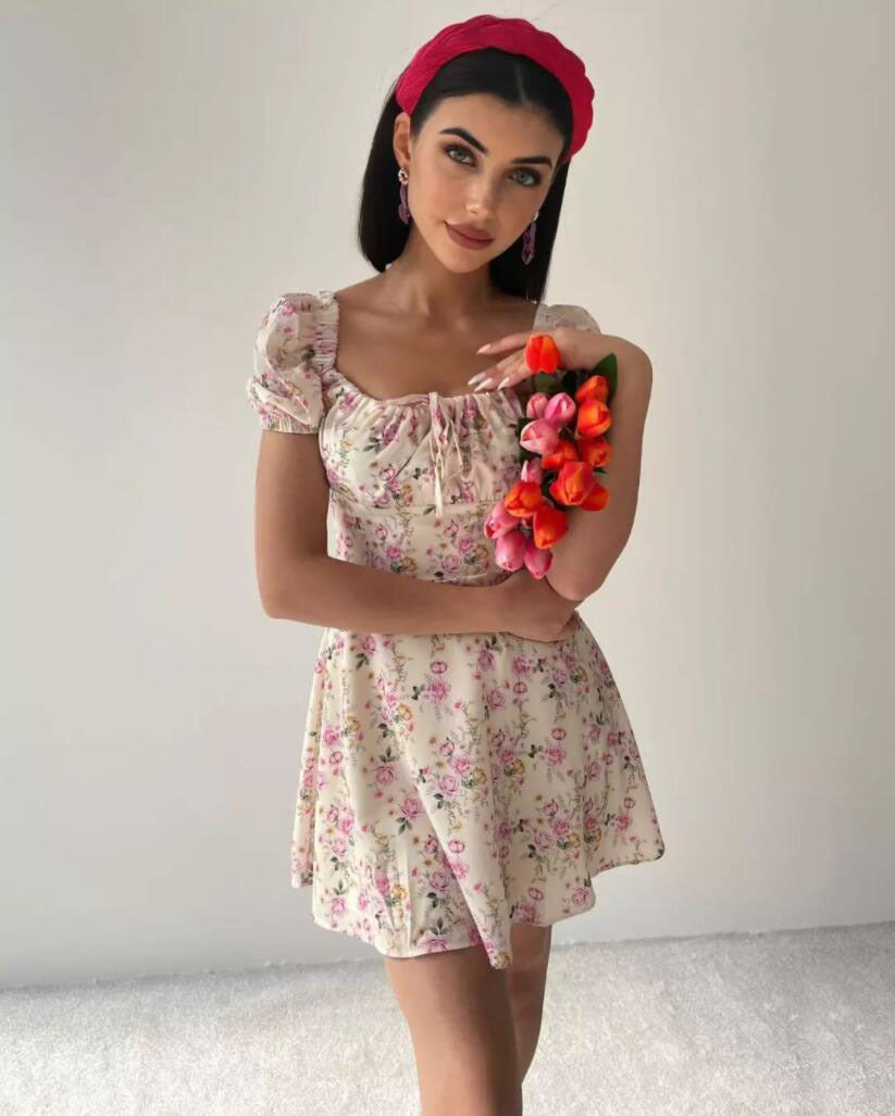 Women'S Summer Fashion Puff Sleeve Floral A-Line Summer Female Dress 4