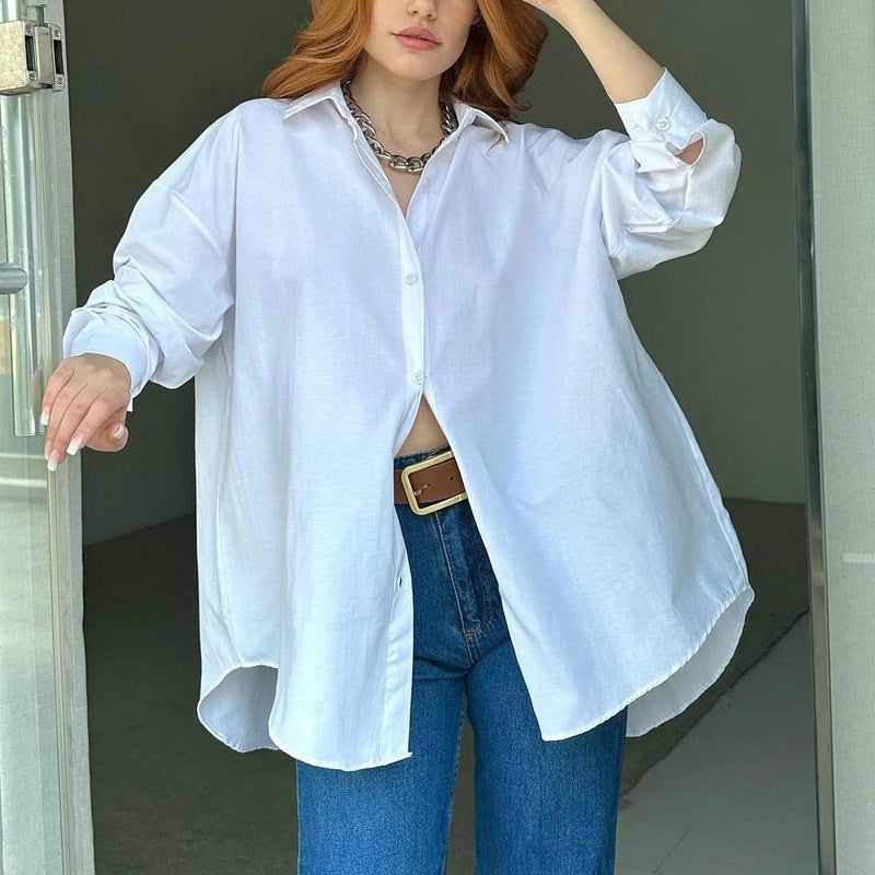 Women Solid Style Long Sleeve Back Slit Loose Shirt