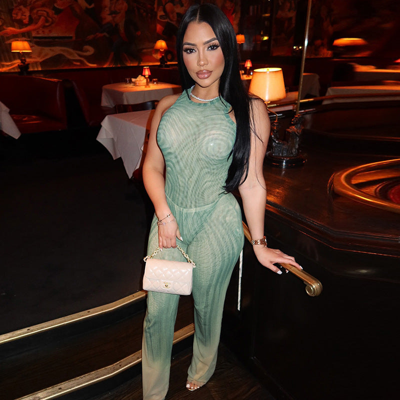 Women's Slim Geometric Pattern Print Round Neck Sleeveless Bodysuit Wide-Leg Pants Two Piece Set 6