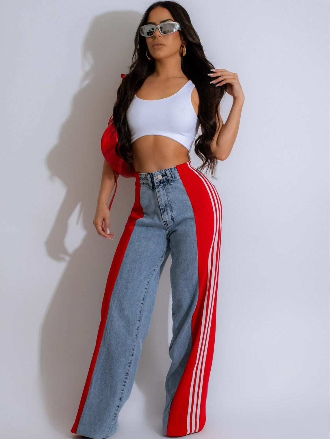 Summer Fashion Patchwork Three Stripes Wide Leg Denim Pants Women's Casual High Waist Stretch Straight Jeans 13