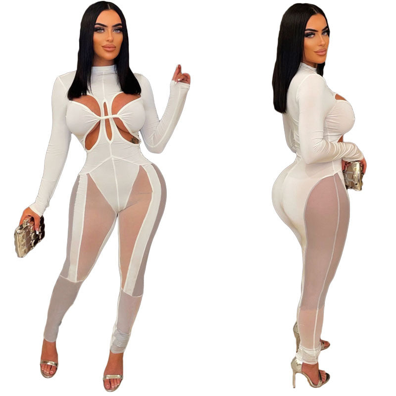 Women Mesh Patchwork Sexy Long Sleeve Jumpsuit 5