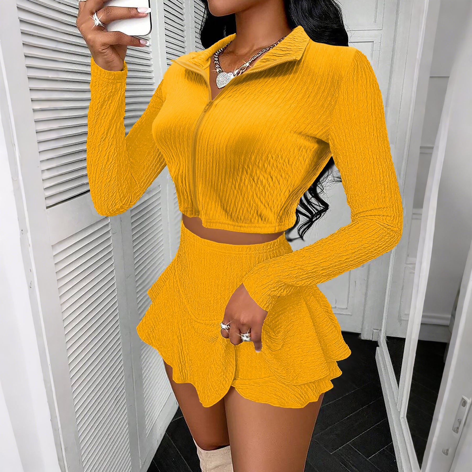 Women Solid Zippered Cropped Top Two-piece set with ruffled skirt 14