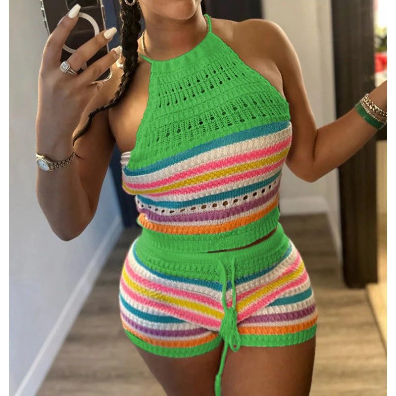 Summer Women Backless Halter Neck Top Sweater and Shorts Two-piece Set 6