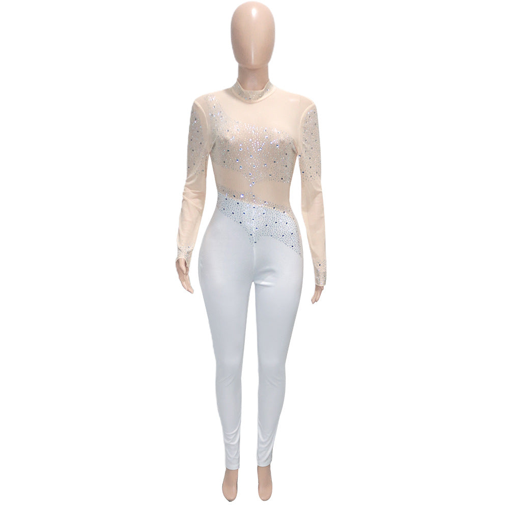 Women Sexy Mesh See-Through Beaded Long Sleeve Jumpsuit 16
