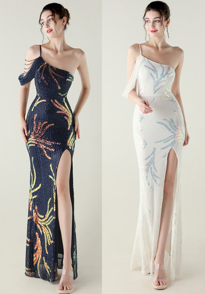 Sequin Mesh Off-Shoulder High Slit Fishtail Party Dress