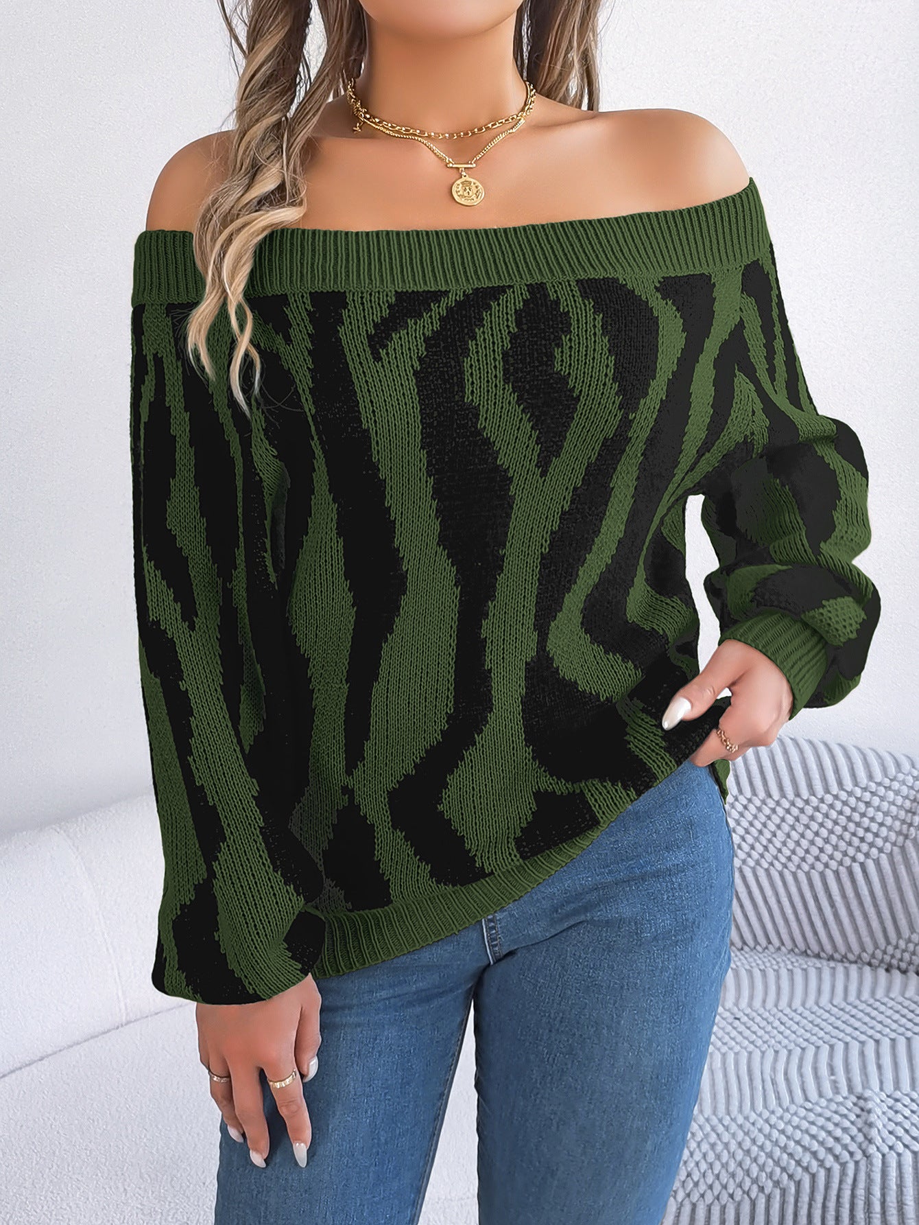 Women Casual Contrast Color Off Shoulder Off-Shoulder Balloon Sleeve Sweater 10