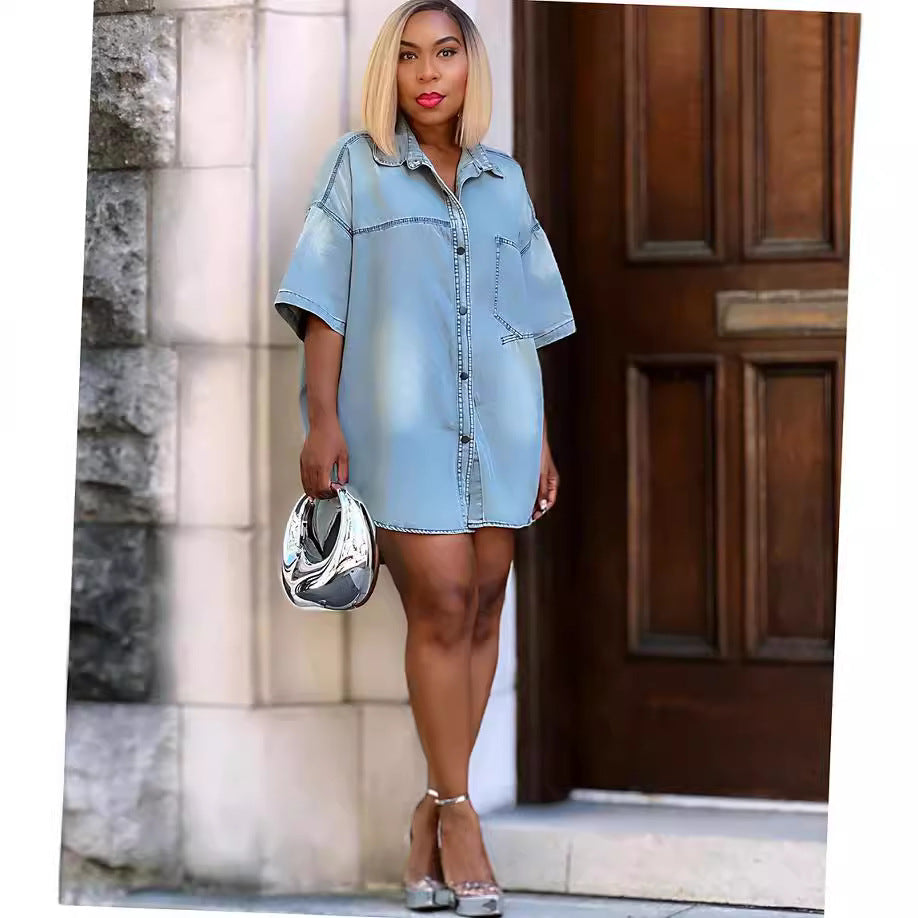 Women Casual Summer Street Denim Loose Short Sleeve Shirt 3