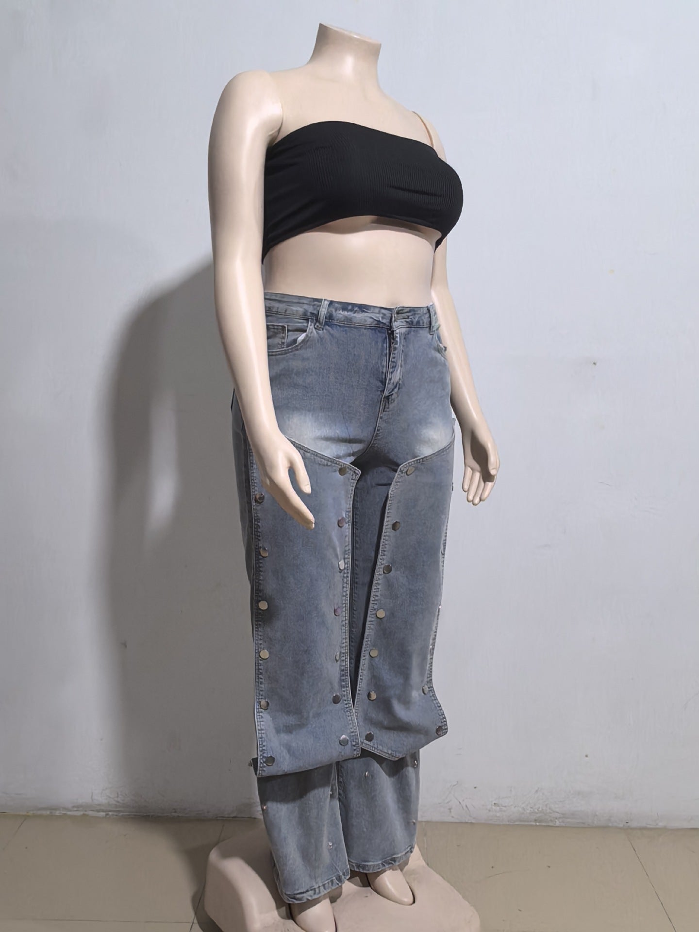 Women's Straight Denim Pants Autumn Street Trend Button High Waist Pants 8