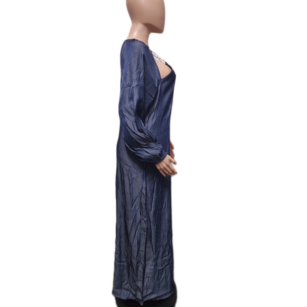 Women Metal Ring Collar Long Sleeve Wide Leg Loose Jumpsuit 7