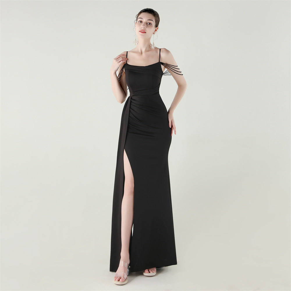 Women Strapless satin beaded chain fishtail evening dress 5
