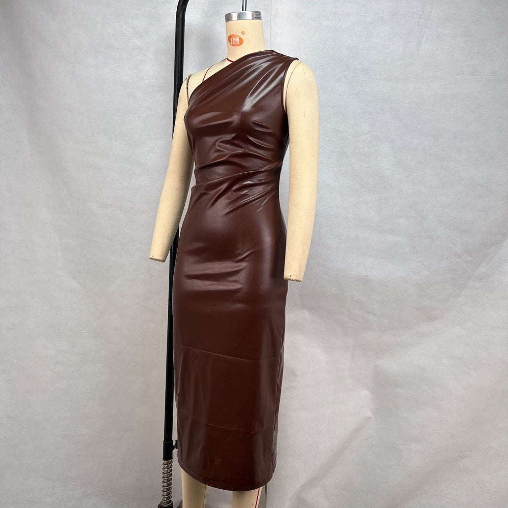 Women's Slash Shoulder Pu Leather Sexy Nightclub Dress 8